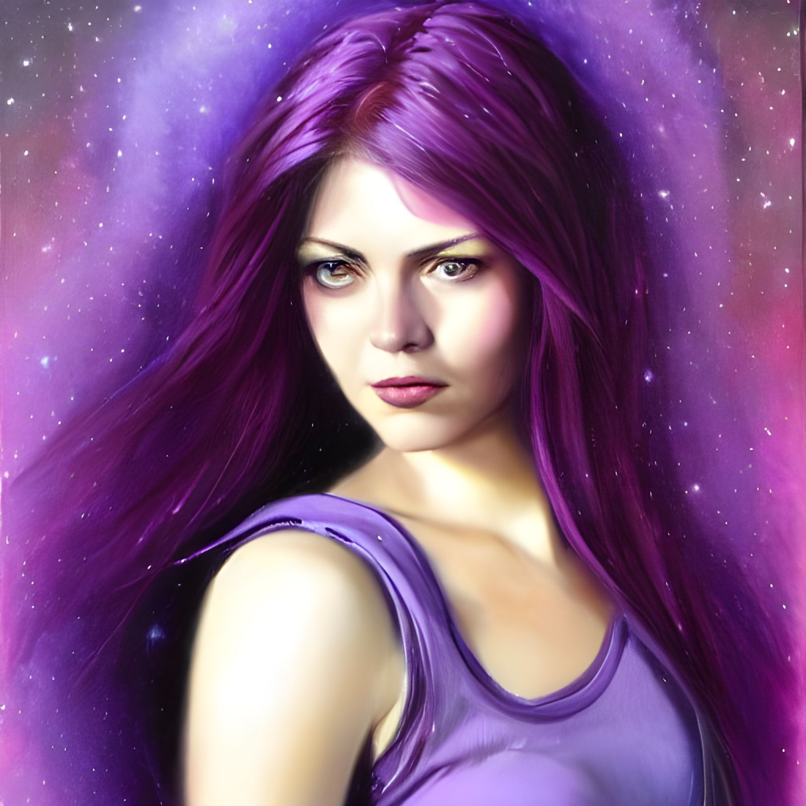 Beautiful Woman with Violet Hair, Galaxy Portrait