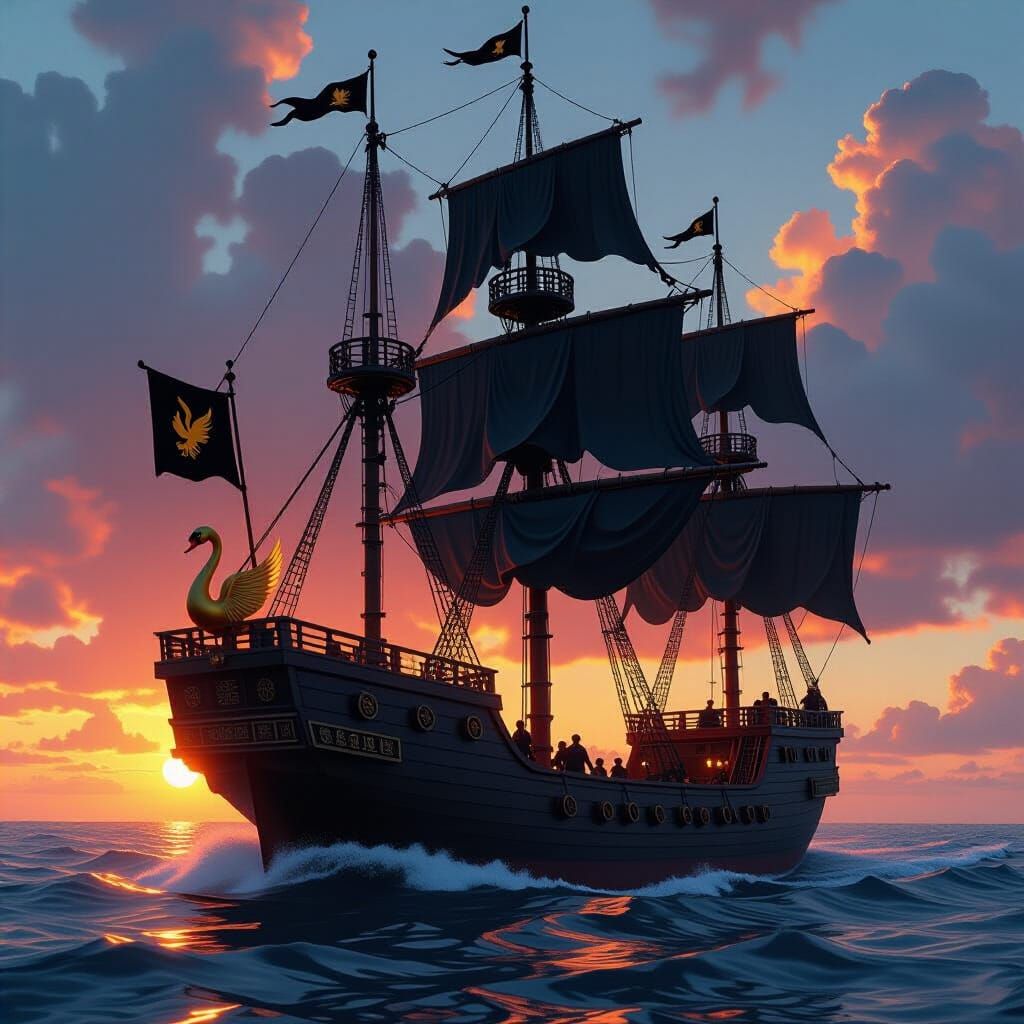 Majestic Chinese Junk Warship at Sunset