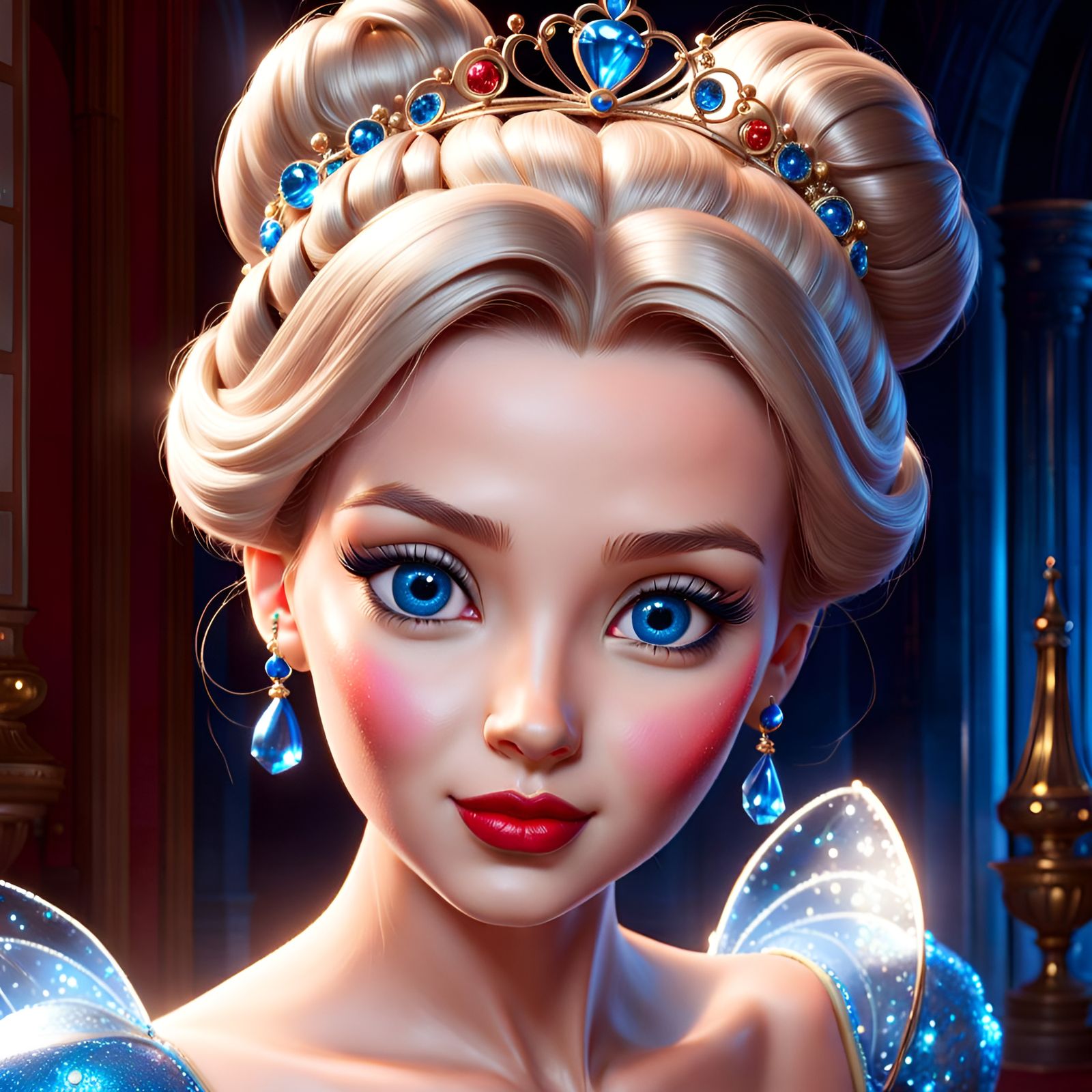 Gorgeous Princess Cinderella with Blue Jewels, Pixar Style
