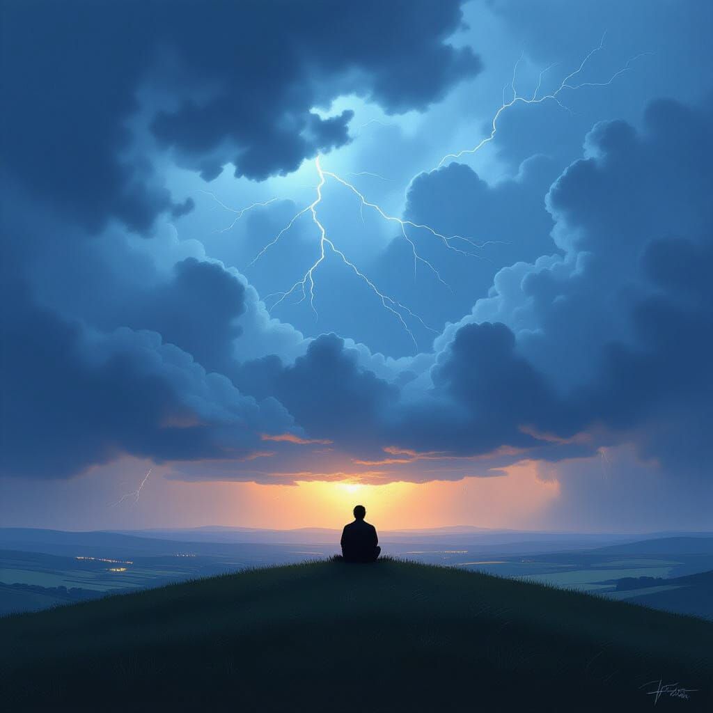 Lone Figure Watches Ominous Thunderstorm on Hilltop
