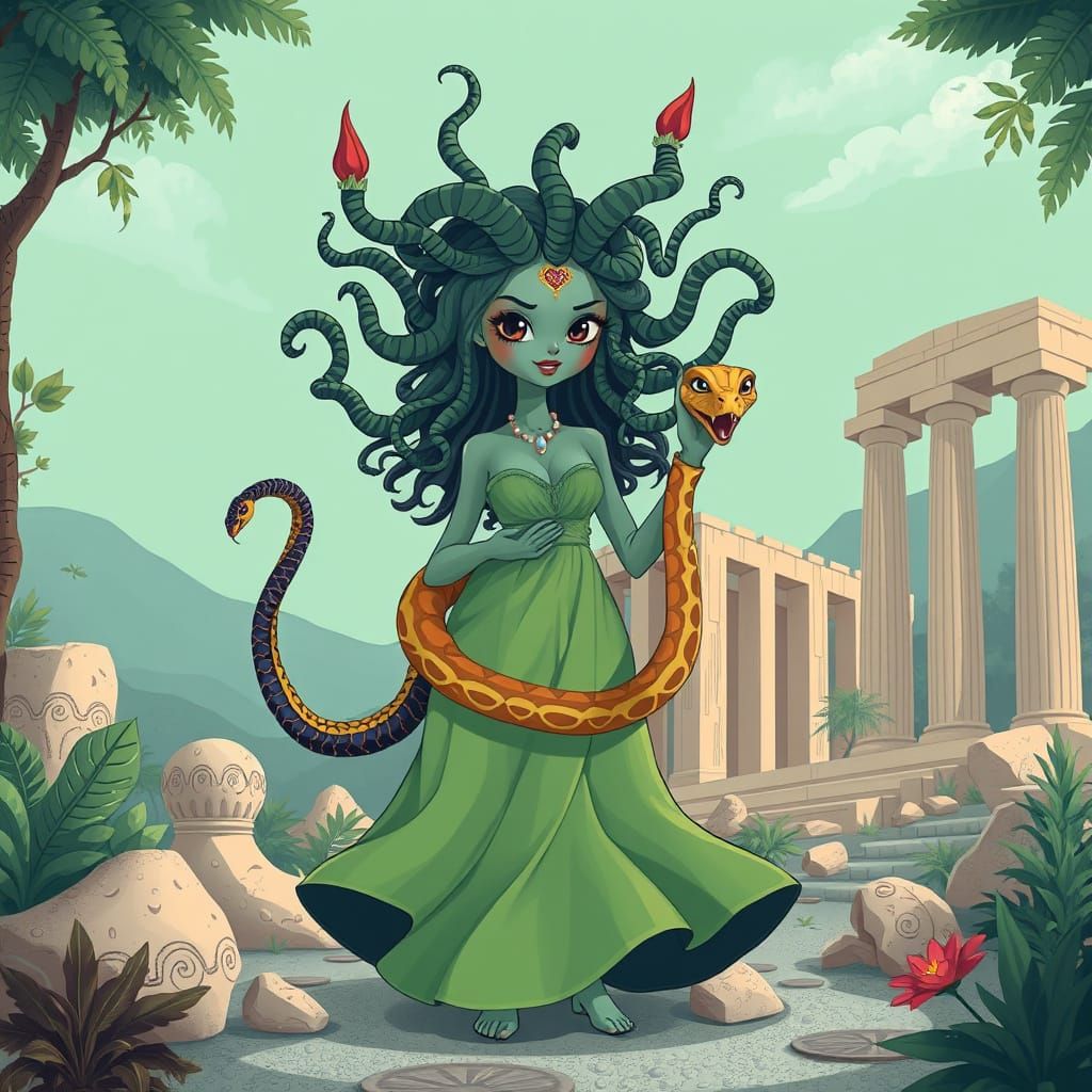 Cute Medusa with Pet Snake in Ruins