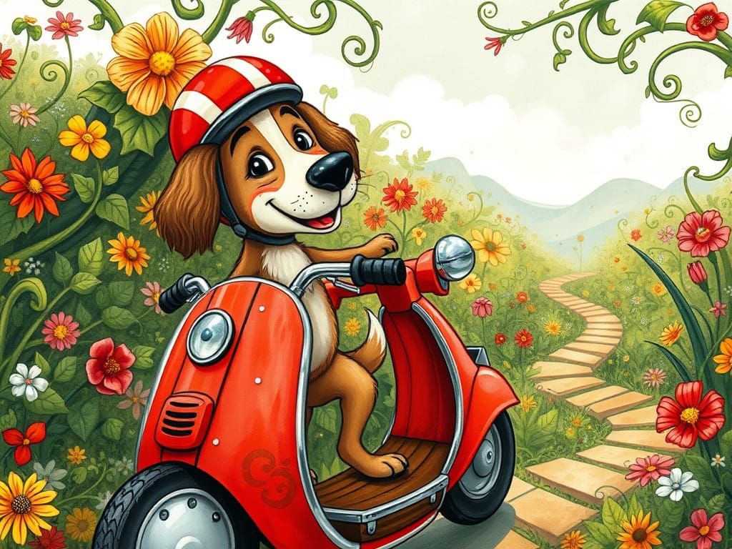 Joyful Dog Rides Red Scooter in Fantastical Whimsy