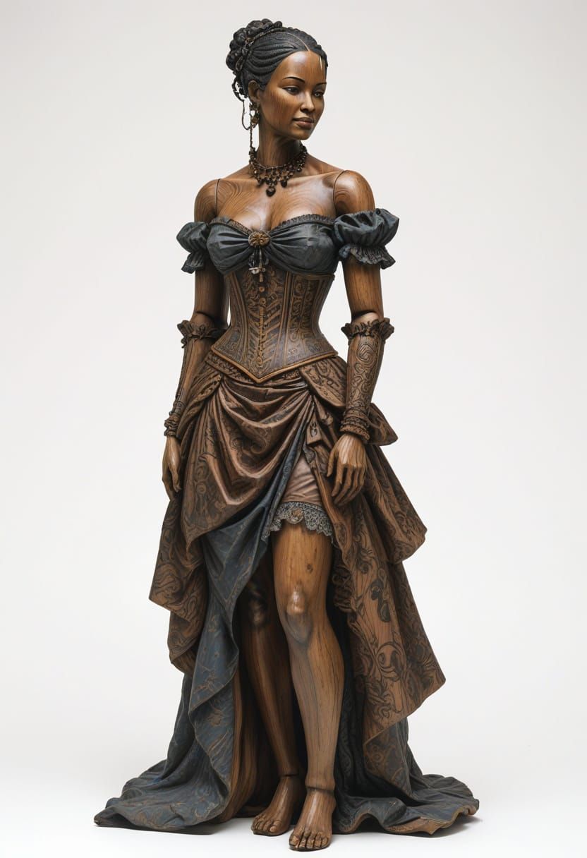 Wooden Mannequin of Ebony Woman in 18th Century Dress