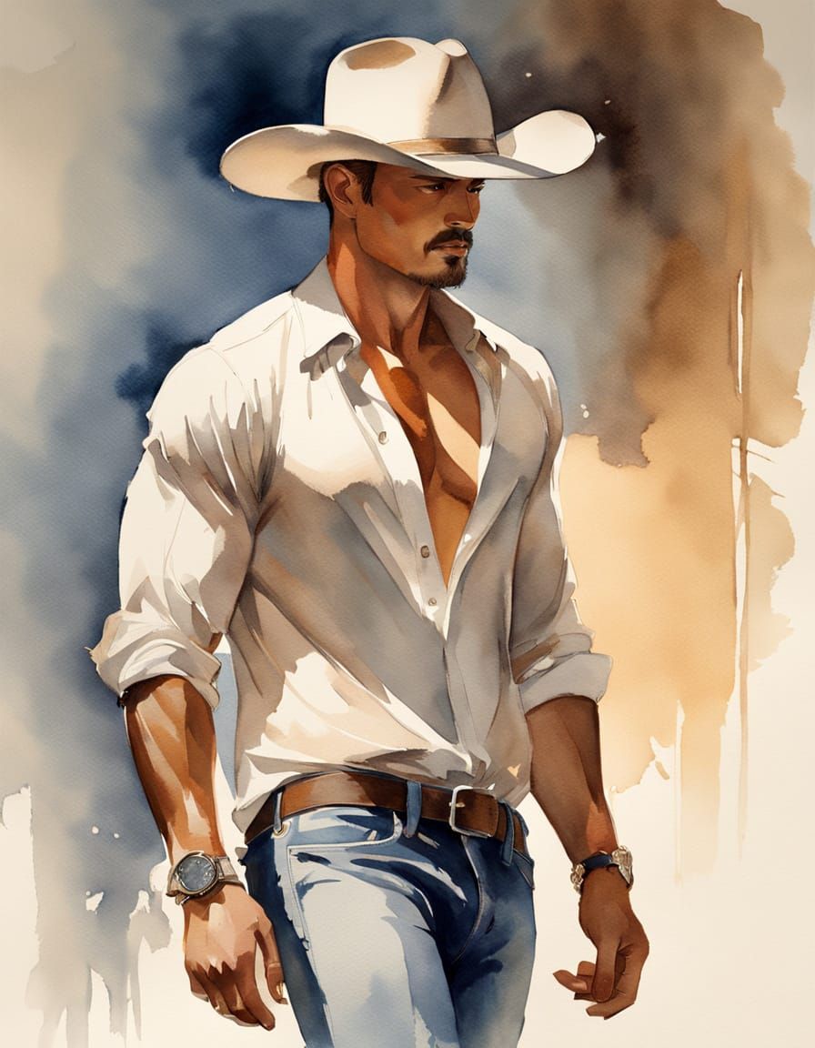 Muscular Men in Denim, Watercolor Style