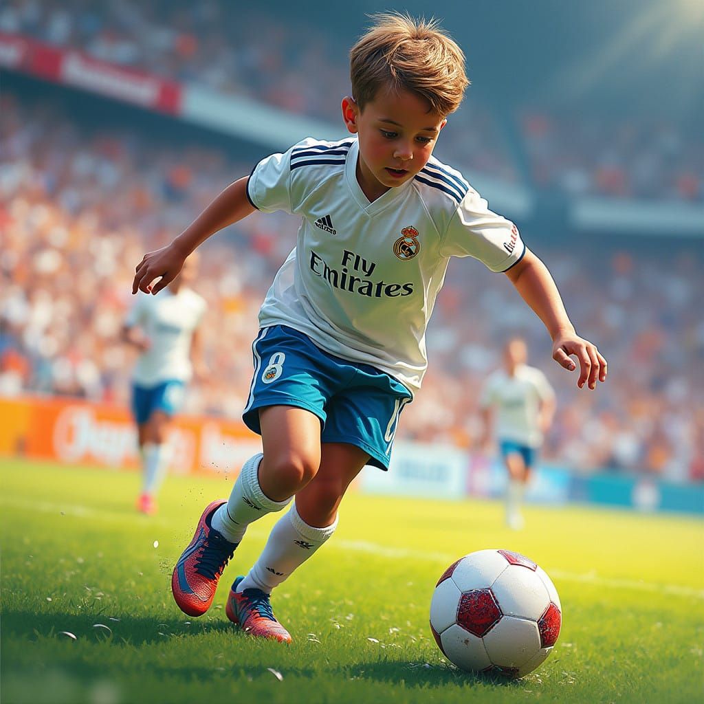 Young Boy Plays Soccer with Energetic Style in Real Madrid J...