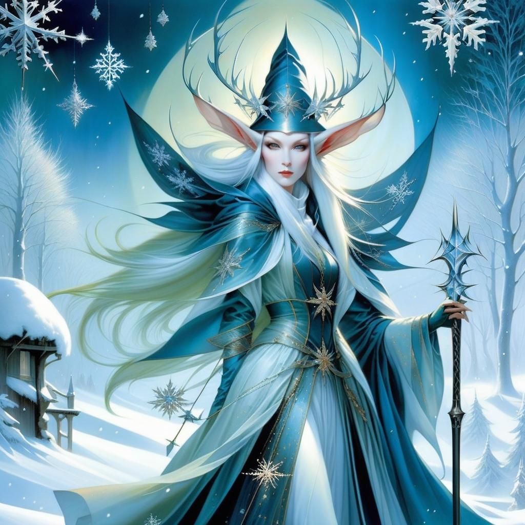 Enchanting Winter Elf in Bosch-Inspired Wonderland