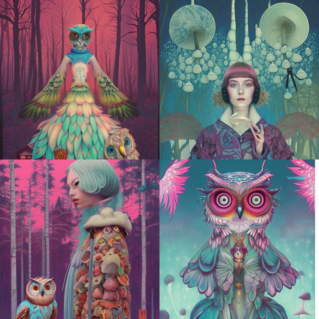 Owl and Mushroom: Ornate Art Inspired by Fashion Magazines