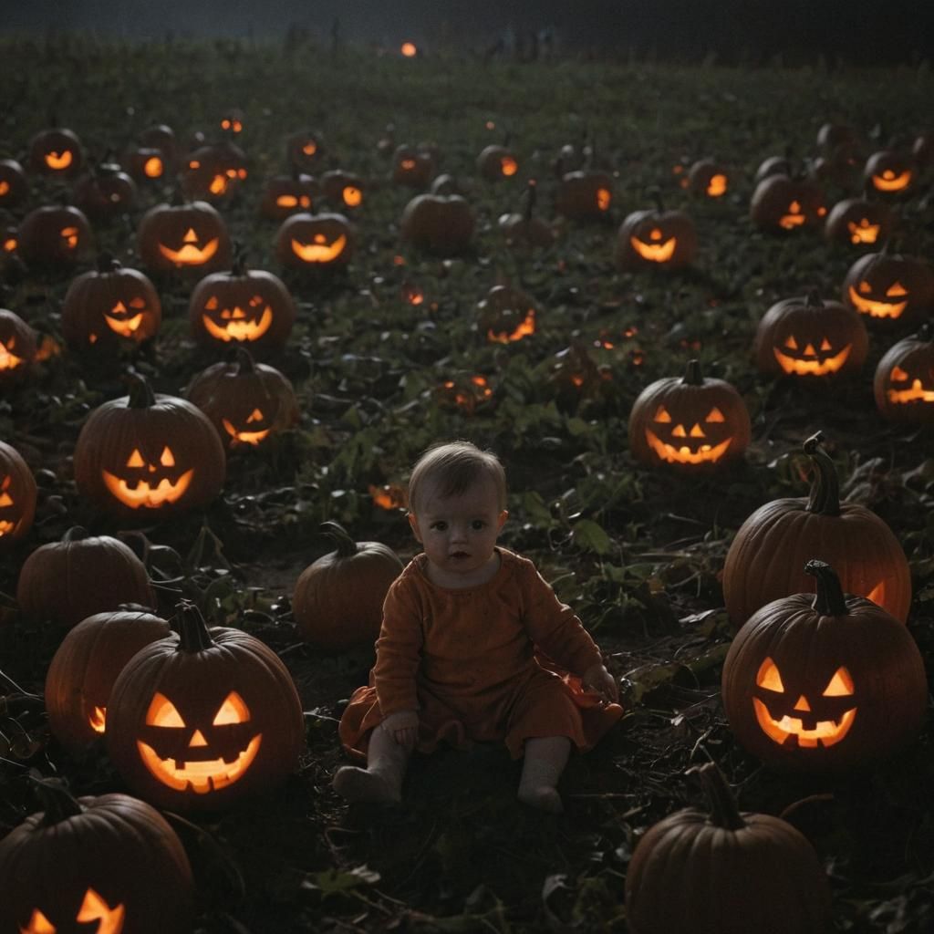 Baby in Pumpkin Surrounded by Spirits: Cinematic Still
