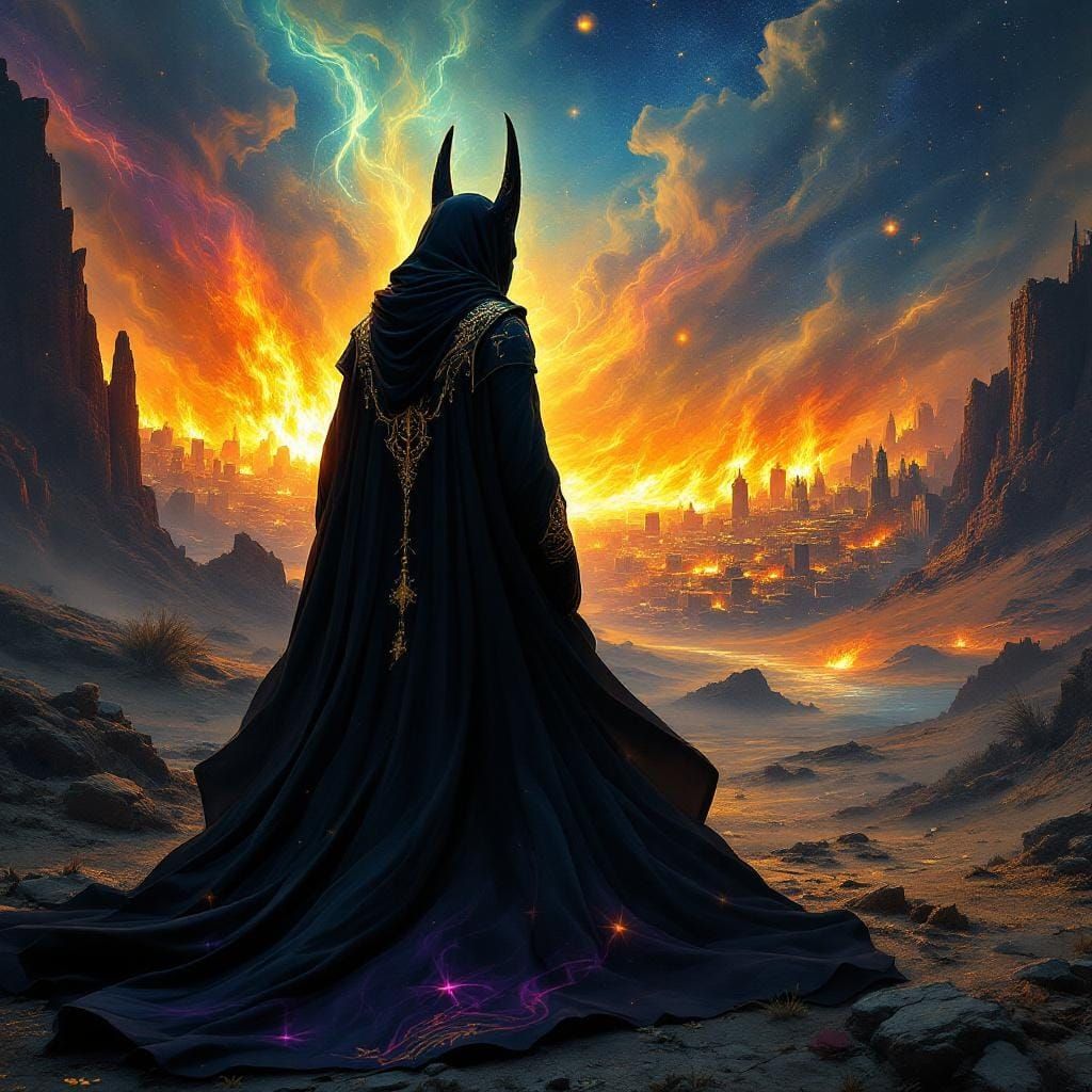 Anubis Watching Burning City in Astral Illustration