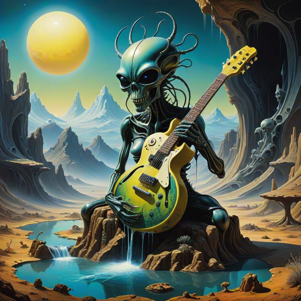 Surreal Guitar with Alien Landscape in Neon Colors