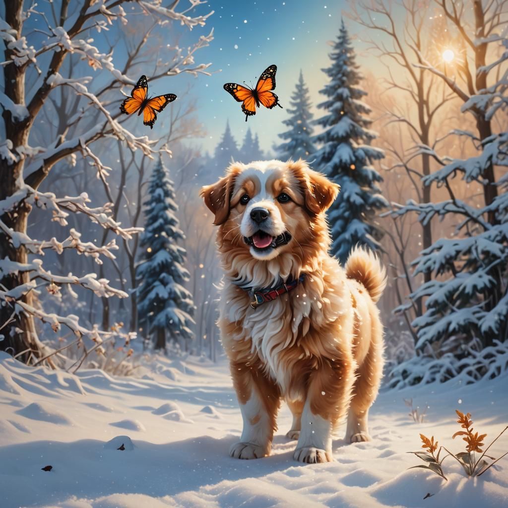 Fluffy Puppy's Winter Wonderland in Oil Painting Style