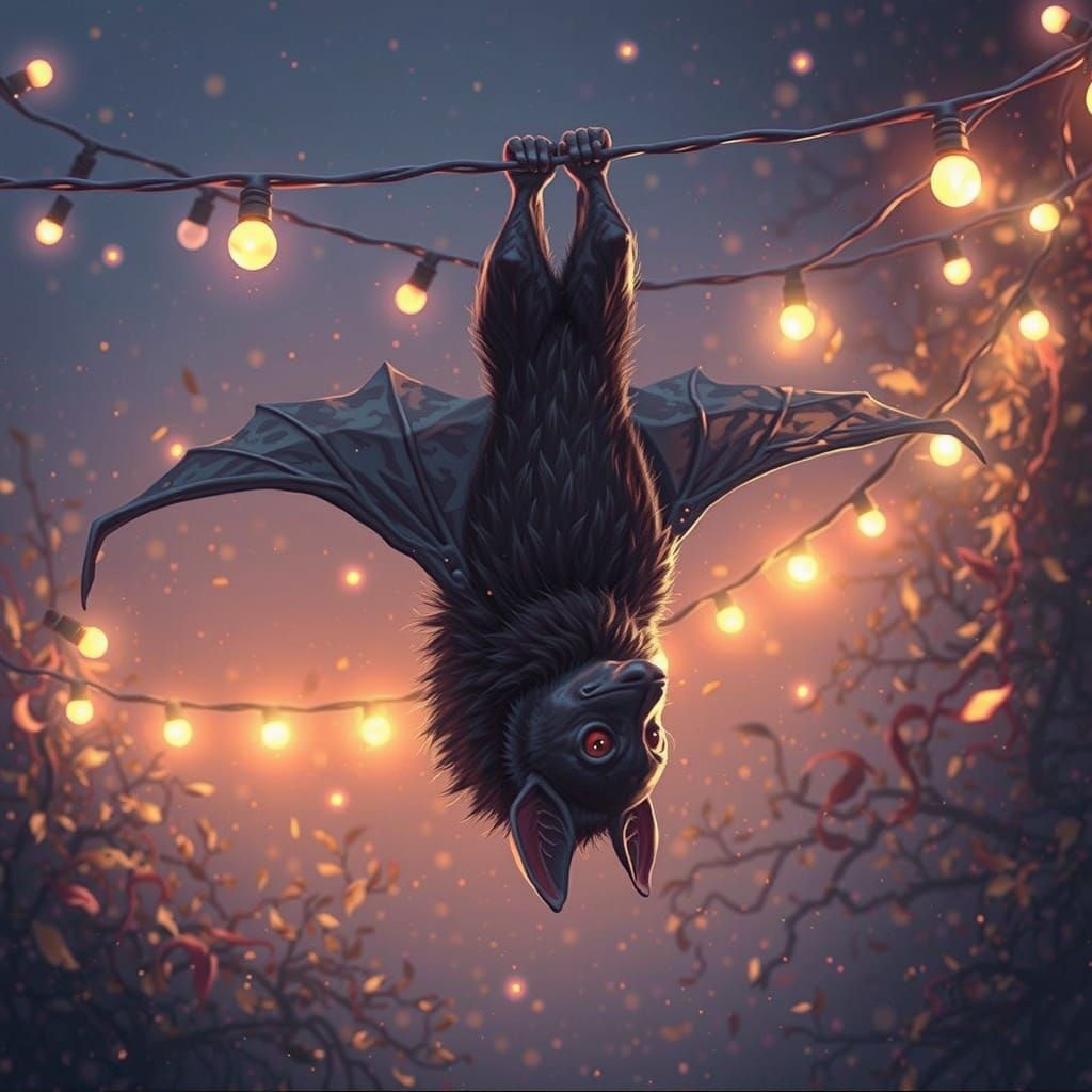 Bat Hanging on Twinkling Fairy Lights