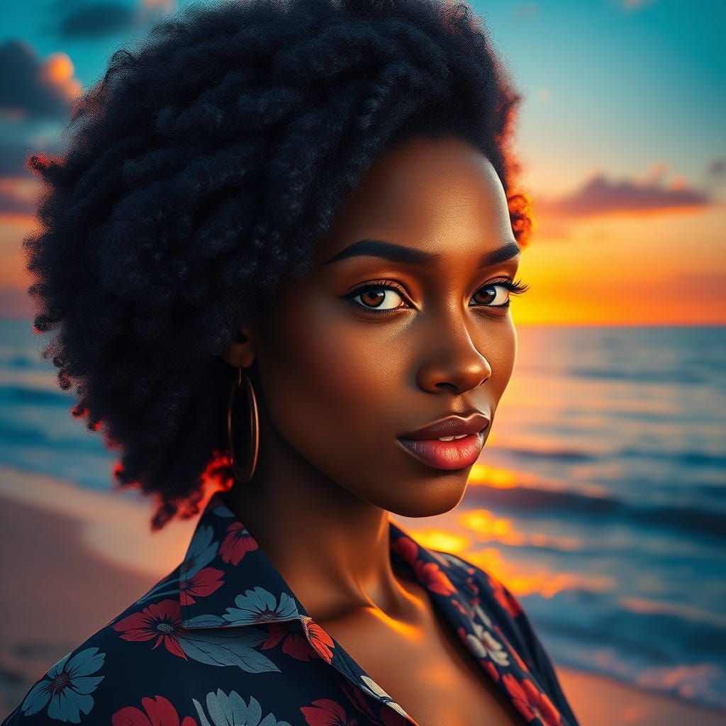 Elegant Dark-Skinned Woman Basks in Sunset Beach Glory