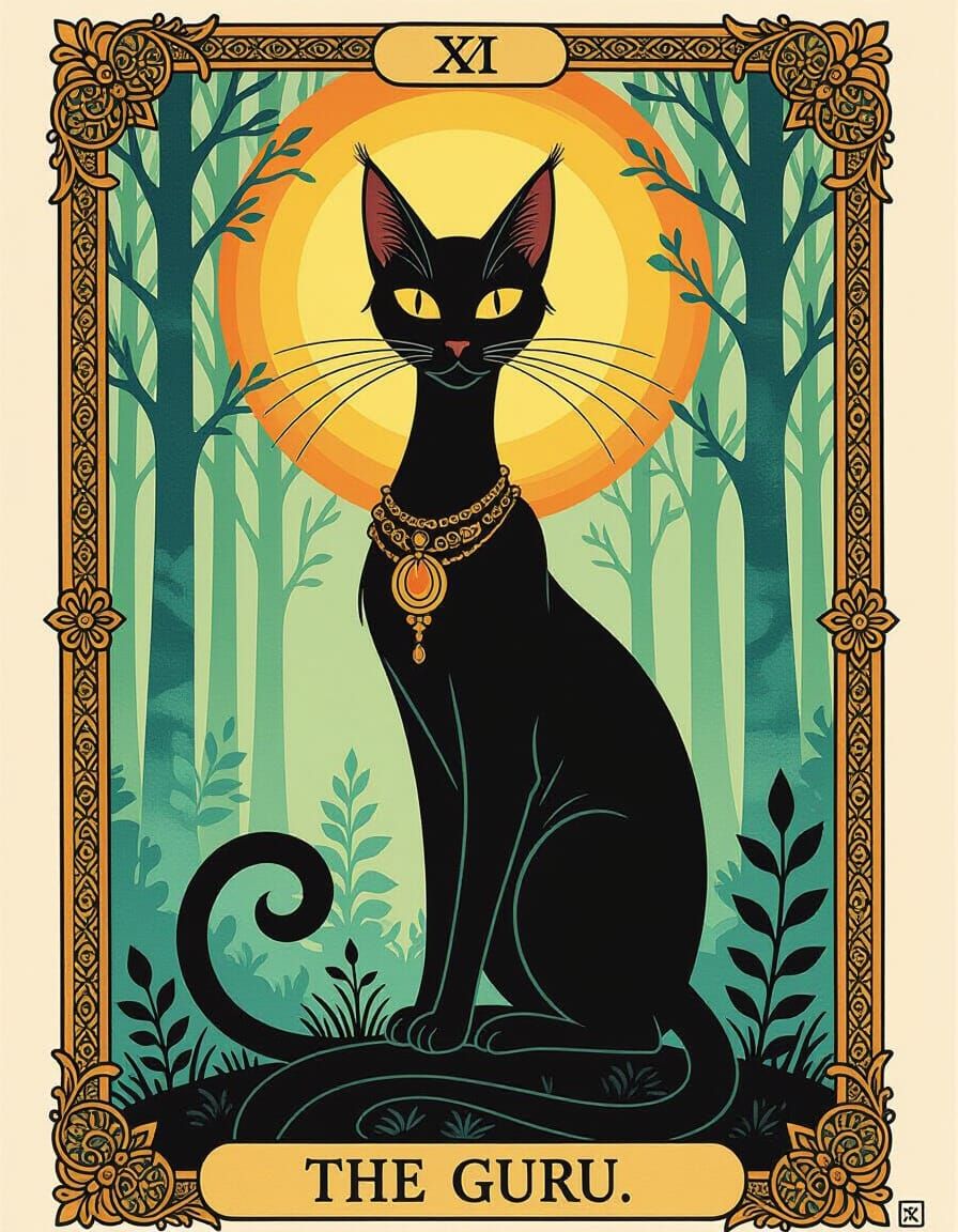 Mystical Guru Cat in Tarot Card Style