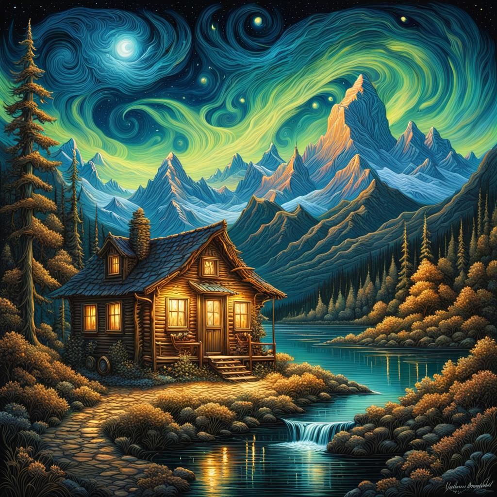 Cabin Under Starry Aurora Sky in Post-Impressionist Style