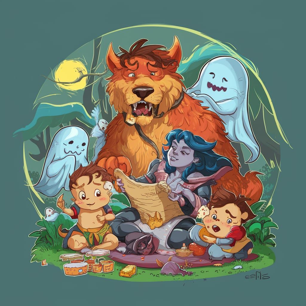 Cerberus Nanny in Cute, Chaotic Fantasy Scene