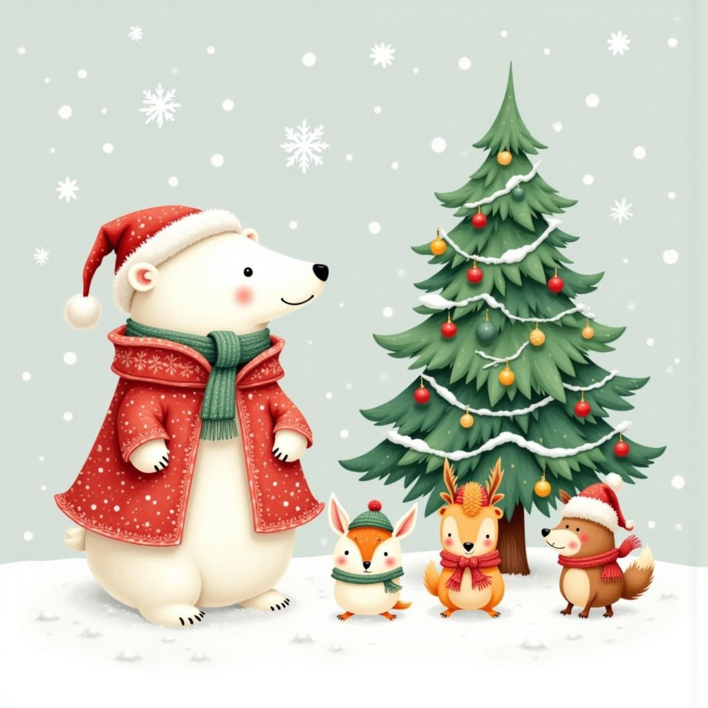 Polar Bear and Woodland Animals Festive Scene