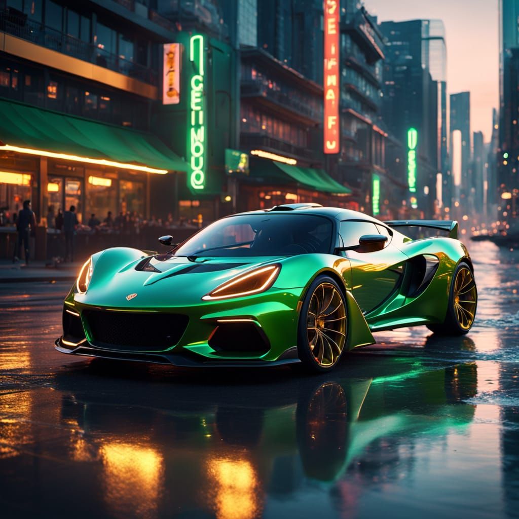 Lotus Evija in Neon Green: A Dramatic Sunset Cityscape