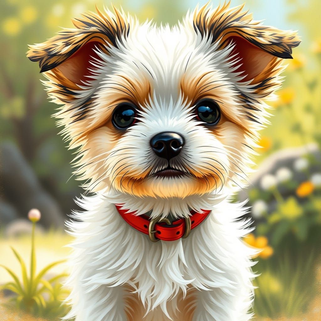 Whimsical Small Dog in Sunny Garden