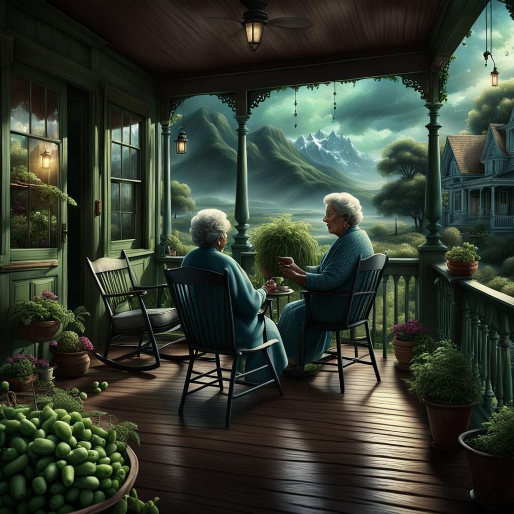 Abuela and Grandchild Snapping Peas on Porch