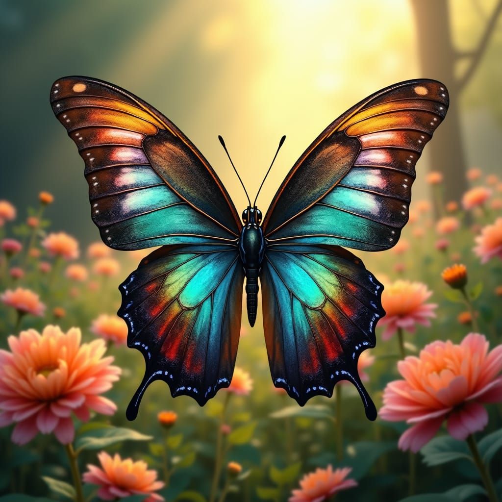 Majestic Butterfly in Lush Garden: Hyper-Realistic Artwork