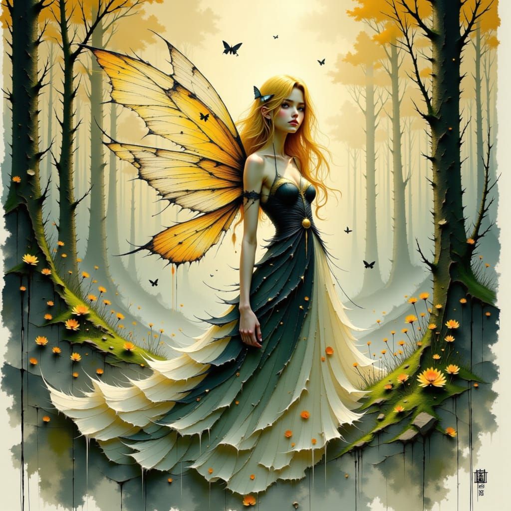 Enchanting Blond Fairy in Dark Fantasy Ink Drawing