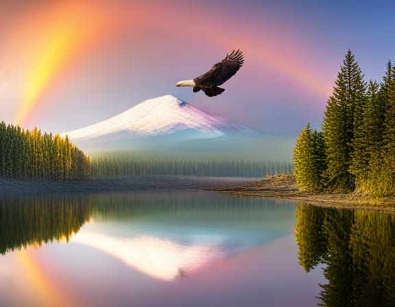 Bald eagle flying under the Rainbow