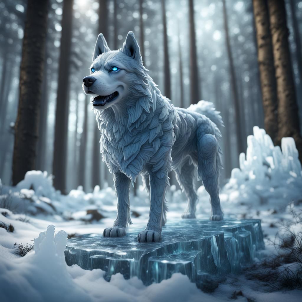 Ice Sculpture of a Husky in Snowy Forest
