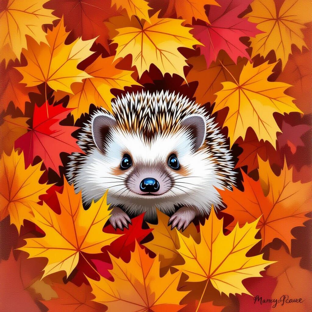Cute Hedgehog Peeking From Autumn Leaves