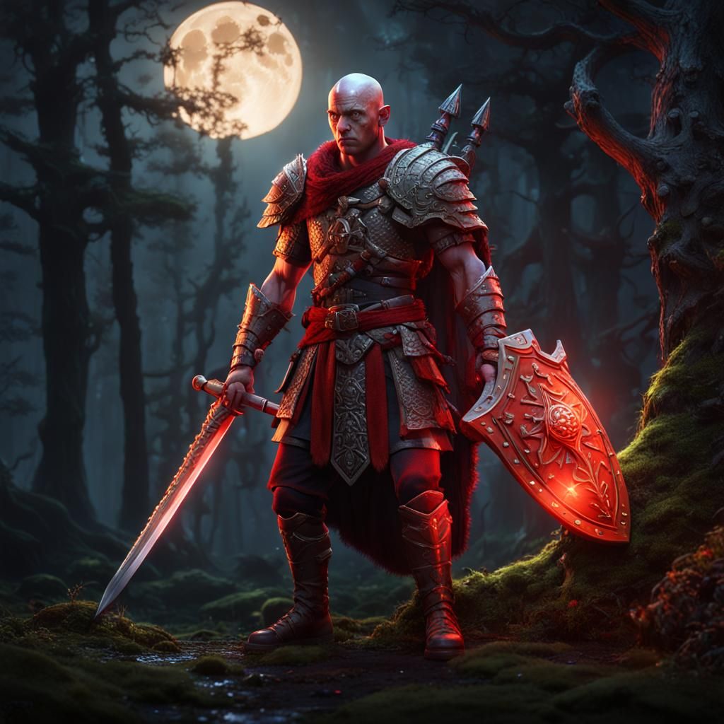 Barbarian Warrior in Moonlit Forest, Digital Matte Painting