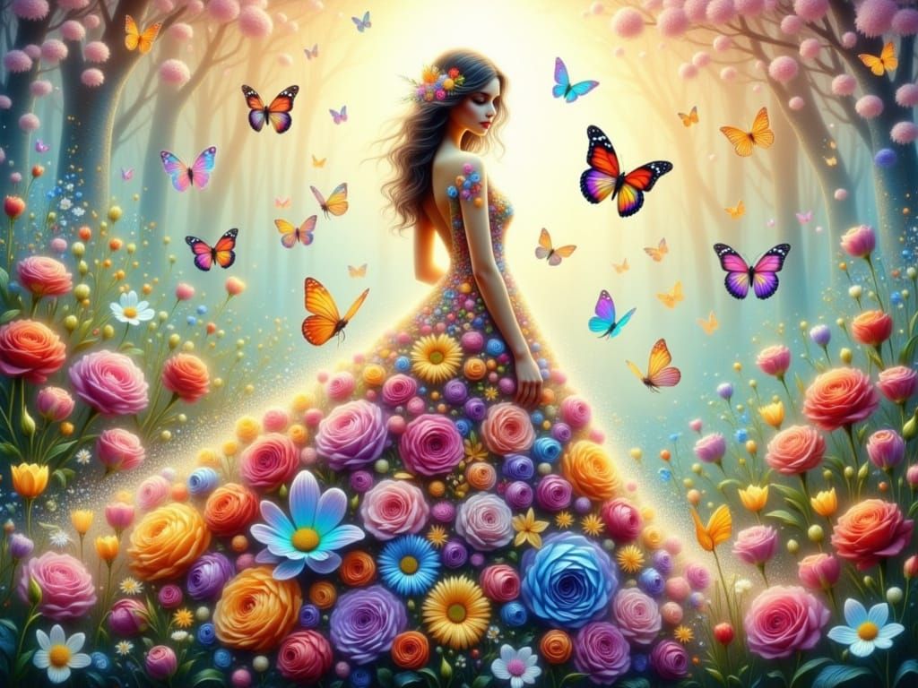 Enchanting Woman Surrounded by Whimsical Blooms and Iridesce...