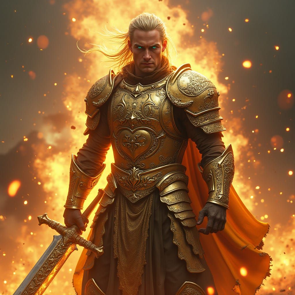 Regal Warrior in Luminous Gold Plate Armor, Standing Resolut...