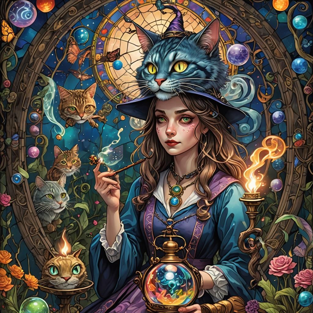 Psychedelic Wizard Smoking Hookah in Wonderland, Detailed Ar...