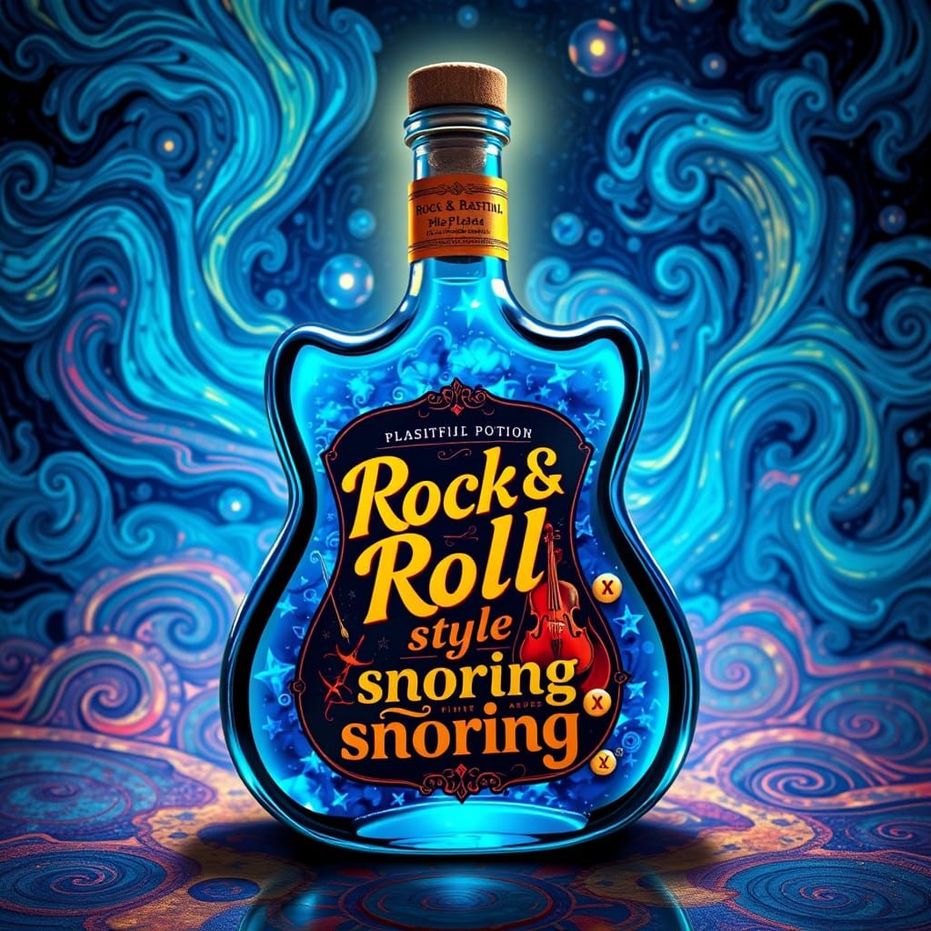 Electric Blue Potion in a Guitar-Shaped Bottle with Whimsica...