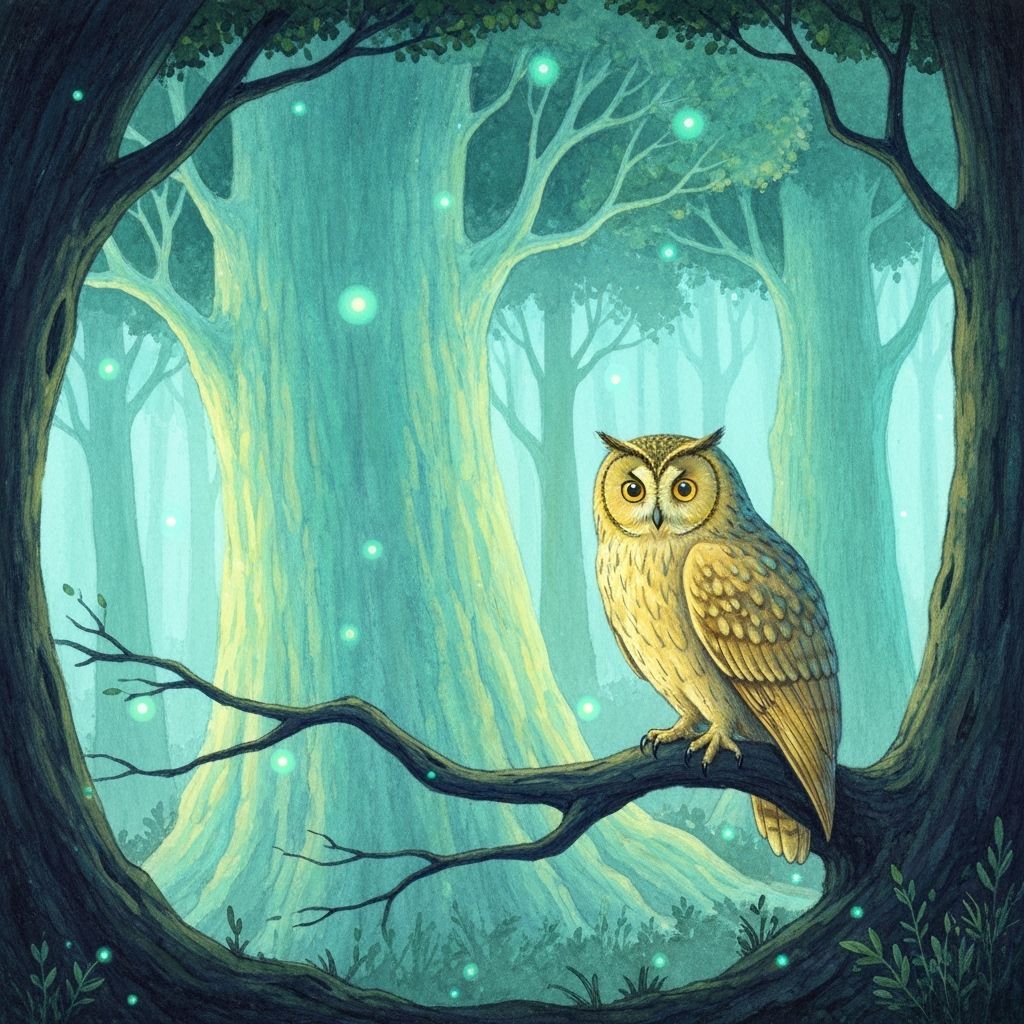 Bioluminescent Forest at Twilight: Whimsical Watercolor Owl
