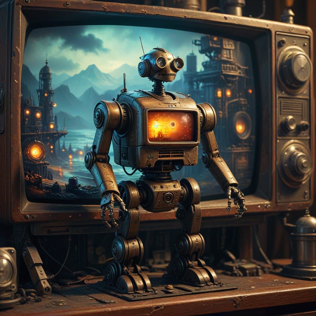 Dieselpunk Robot and Robin in Oil Painting