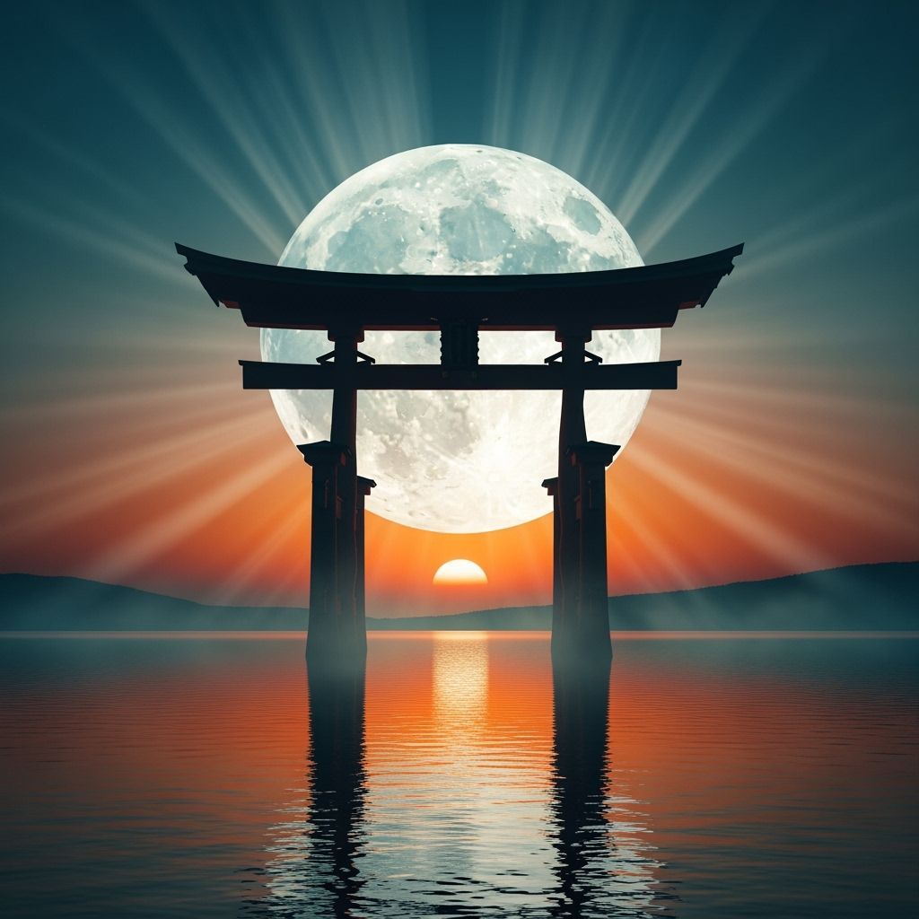 Torii Gate Aligned with Full Moon Over Tranquil Lake