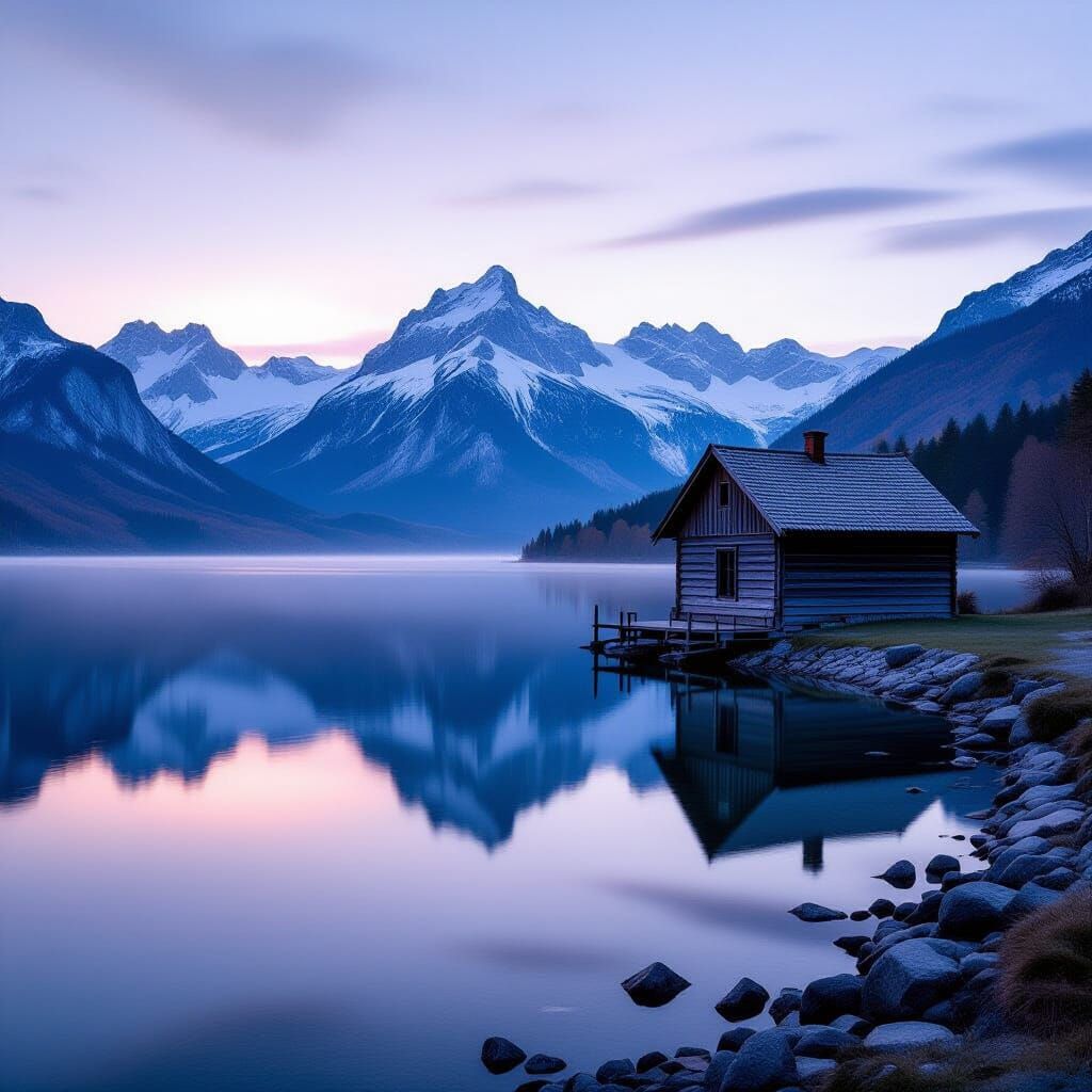 Serene Alpine Cabin by Mirror Lake at Dawn