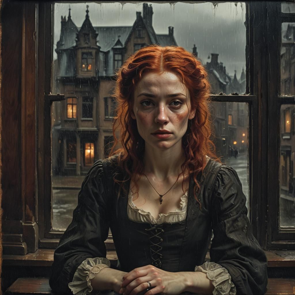 Gothic Woman in Rembrandt Style Watches Rain