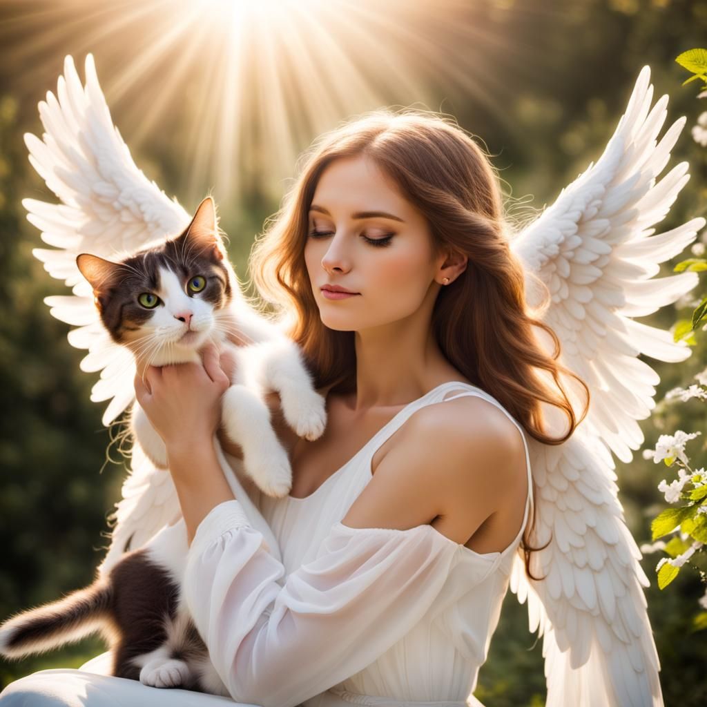 Angel Protecting Girl and Cat in Holy Light