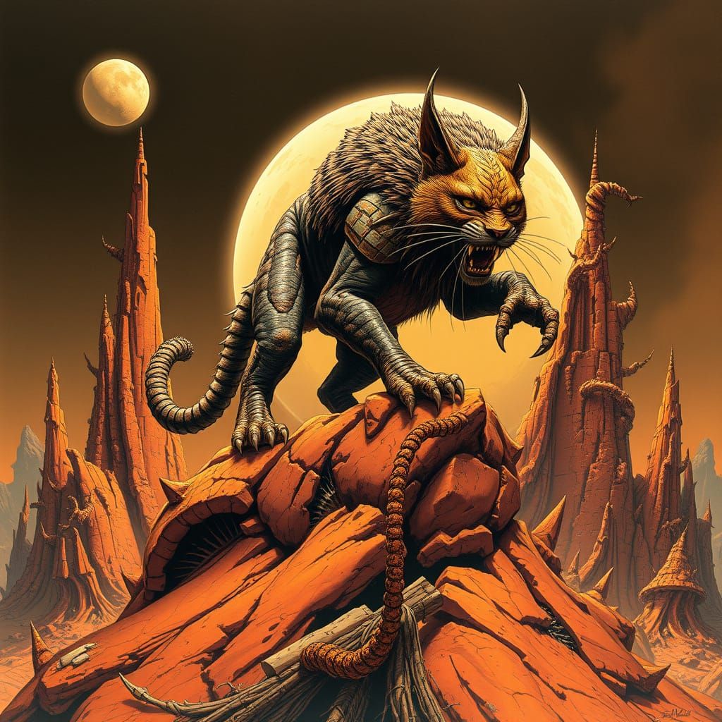 Menacing Kzinti Warrior on Ruined Ringworld Landscape