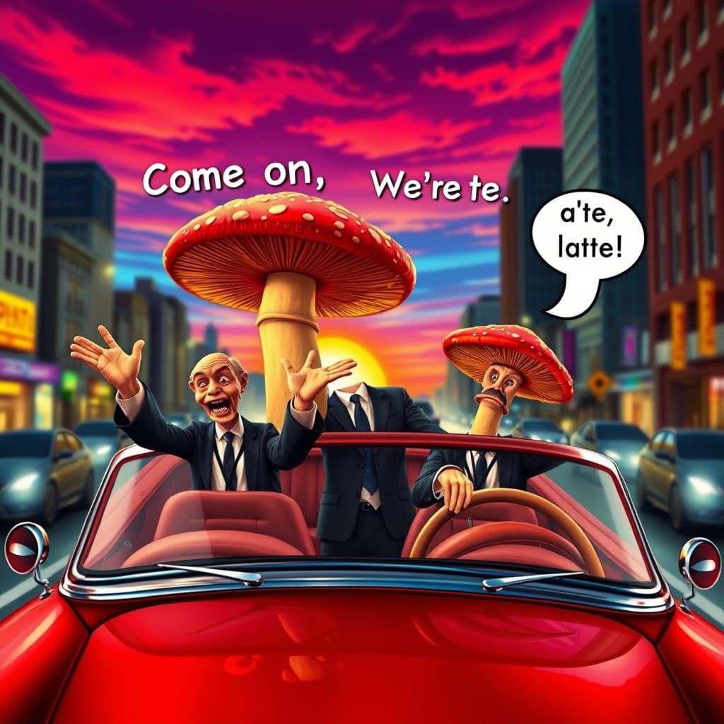 Whimsical Mushrooms in Business Attire Drive to Work