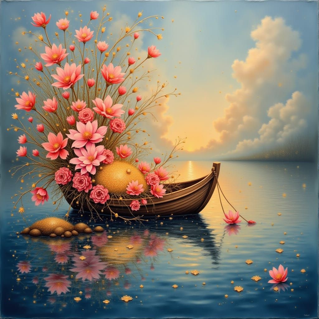 Surreal Gouache Painting of a Boat with Abstract Flowers
