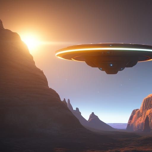 a circular ufo flying over an alien planet