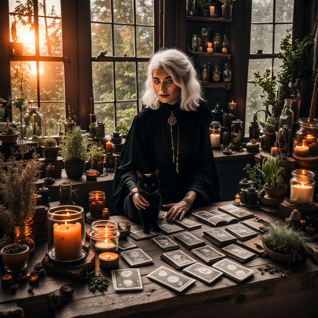 Vintage Apothecary Scene with Young Witch and Cat