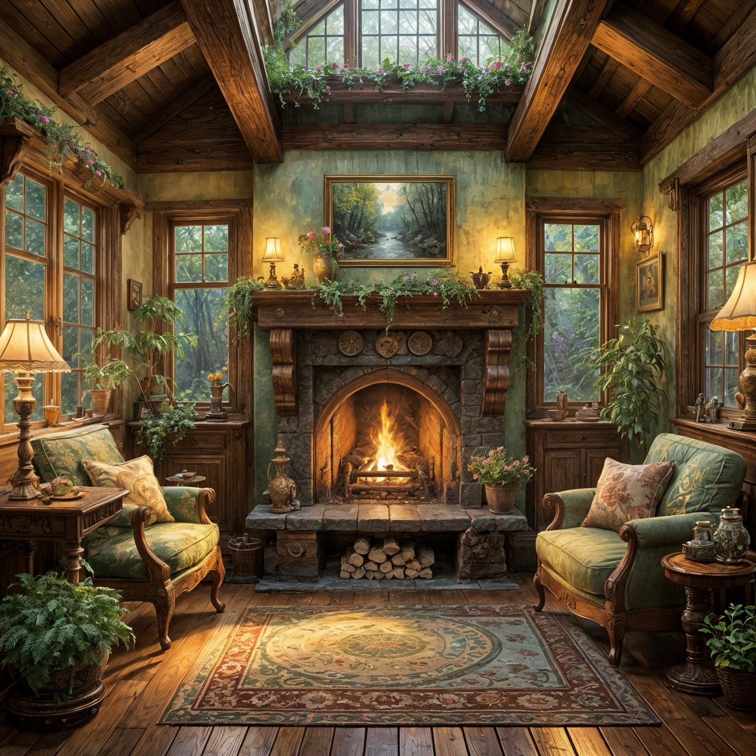 Enchanted Forest with Cozy Cottages: A Digital Painting