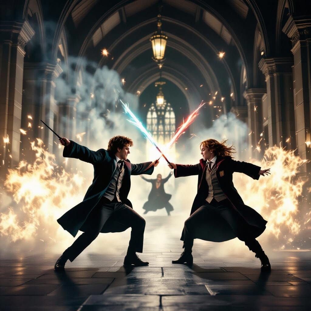 Epic Magical Duel Inside Hogwarts Castle Hallway