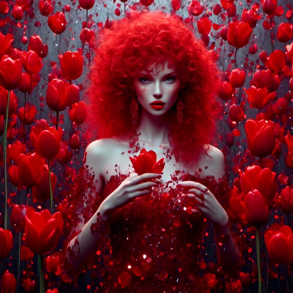 Red Haired Woman with Tulips in Red Room
