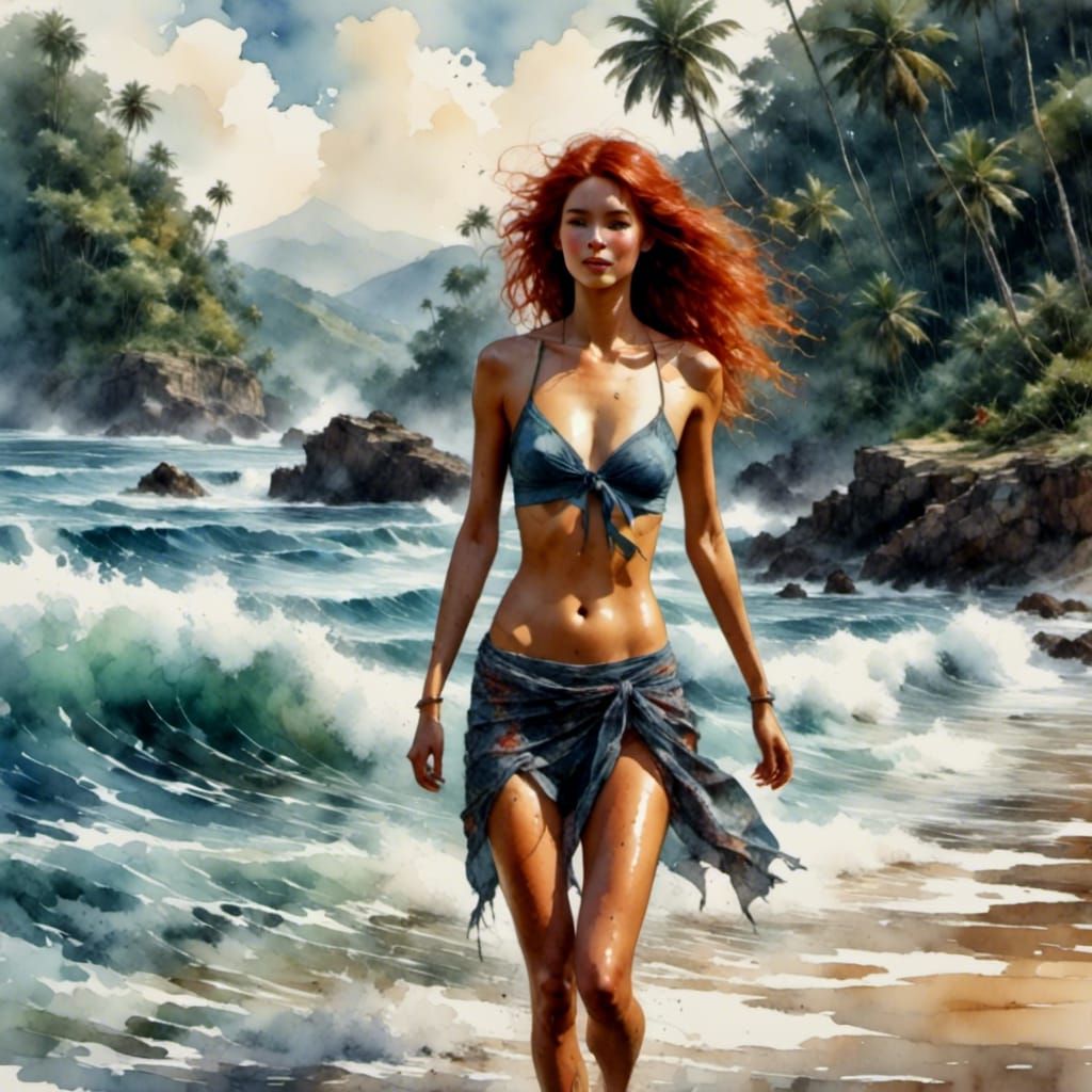 Freckled Redhead on Tropical Beach in Chiaroscuro Lighting