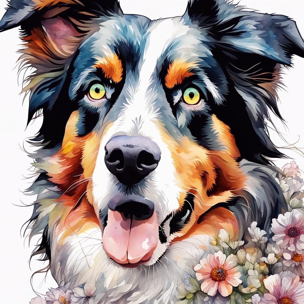 Cute Australian Shepherd Dog Watercolor Illustration